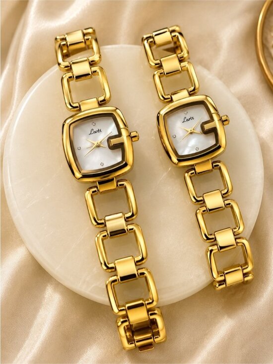 Gold color Hollow Link Bracelet Watch with Mother-of-Pearl Dial